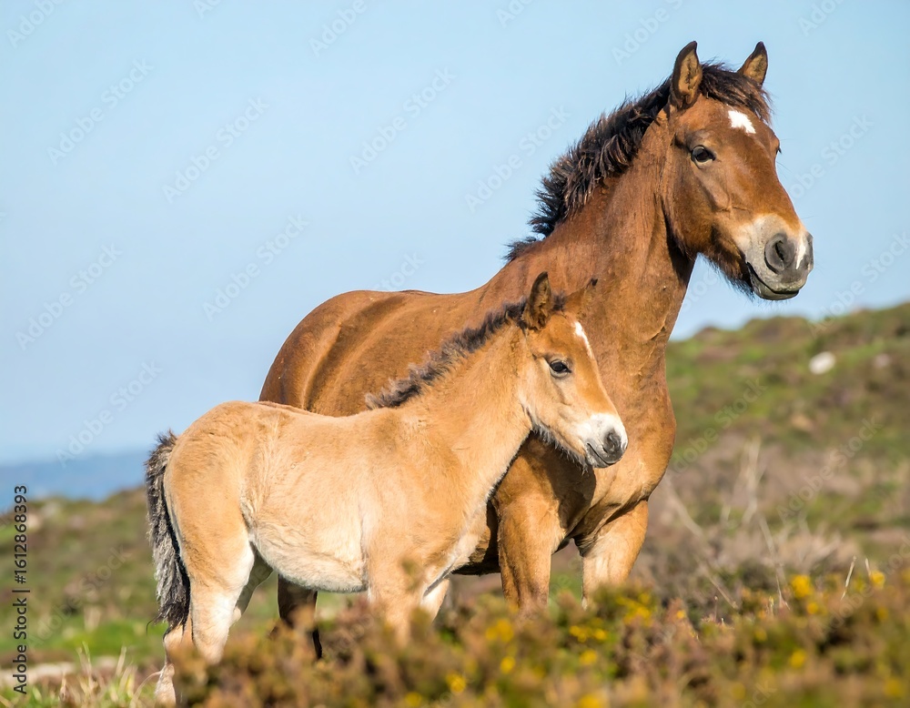 Fototapeta premium Two horses, a mother and a foal, in a grassy field