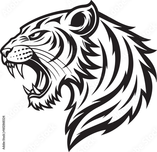 Fierce tiger and lion head tribal vector illustration of wild animals in black silhouette style