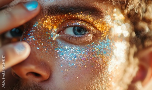 Close-up image of a man applying expressive glitter makeup in front of a mirror at home, focusing on creative beauty techniques, Generative AI