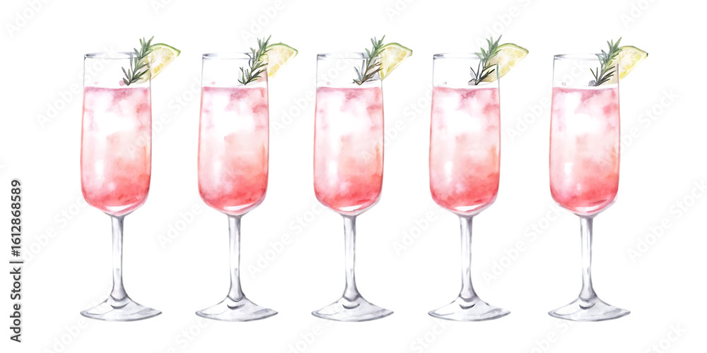 Five pink cocktails with garnish isolated on transparent background Five pink cocktails with garnish isolated on transparent background