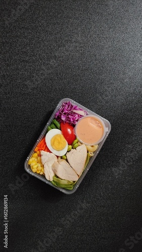 Suitable for food blogs, social media posts, and advertisements showcasing healthy eating habits and meal prep inspiration. Perfect for promoting fresh and convenient meal options.