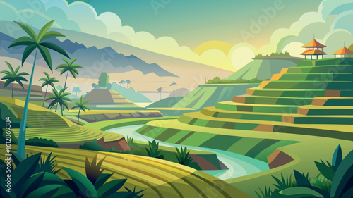 Sunrise over terraced rice fields with palm trees and distant mountains in an idyllic landscape