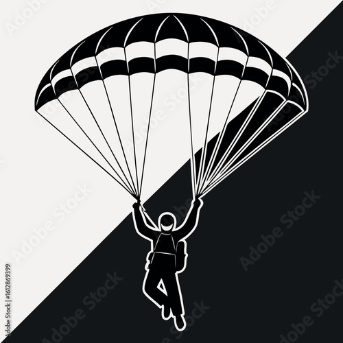 Black and white shows person parachuting against a two toned background