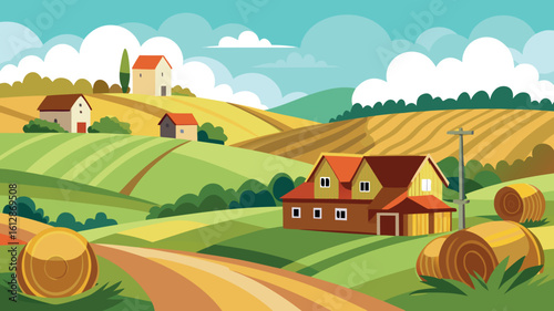 Vibrant rural landscape showcasing farmland and charming cottages during a sunny day