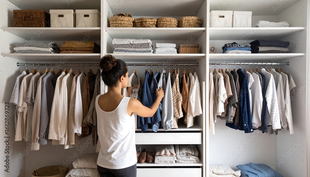 Fototapeta premium Woman selecting clothes from an organized closet