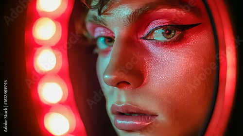 Candid close-up of a gay male drag queen applying pink makeup in front of a mirror. The image celebrates self-expression, creativity, and individuality in the LGBTQ+ community, Generative AI