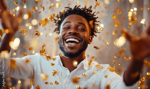 Happy young Black African American man celebrating and dancing at a party surrounded by gold confetti. The image captures joy, success, and the excitement of a festive event, Generative AI