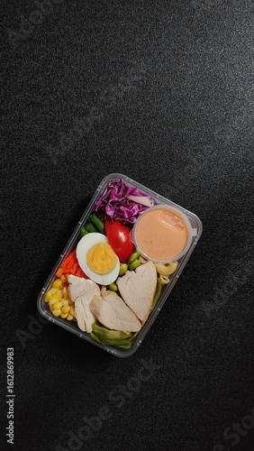 Suitable for food blogs, social media posts, and advertisements showcasing healthy eating habits and meal prep inspiration. Perfect for promoting fresh and convenient meal options.