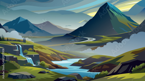 Majestic mountain landscape with a winding river and cascading waterfall under a dramatic sky
