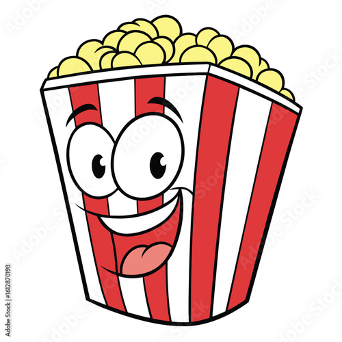 A cartoon popcorn box smiles widely with striped design and yellow treat contents