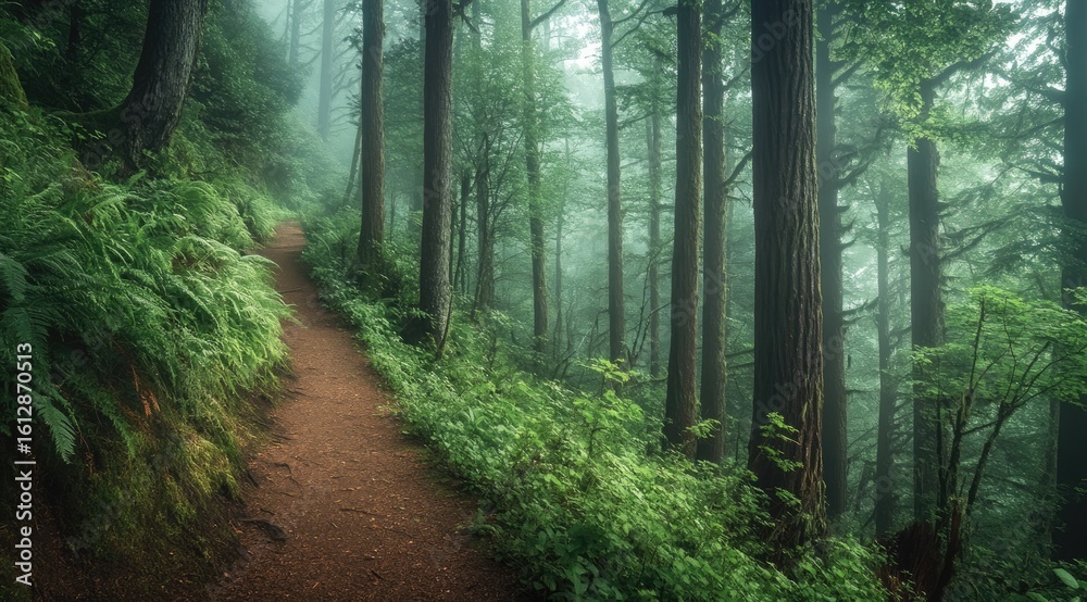 Fototapeta premium Misty forest trail winding through lush greenery (2)