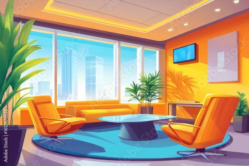 Computer desk with a chair and a potted plant. Cozy office room interior with coworking area and panoramic window.