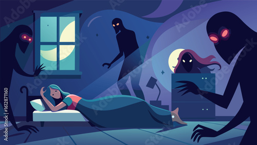Nighttime terrors creep around a sleeping figure in a dark room full of shadows and eerie shapes