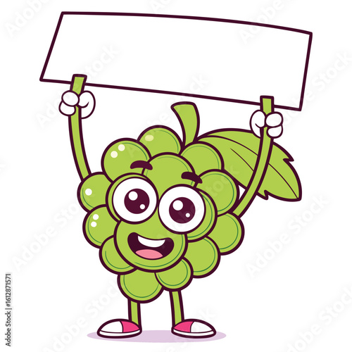 Smiling green grape character holds a blank banner above his head with transparent background