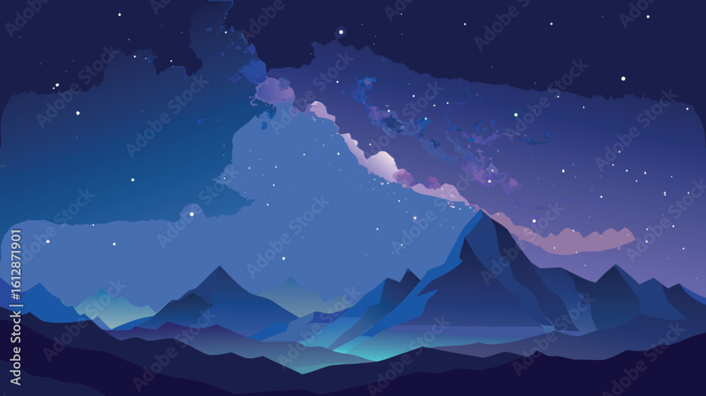 Obraz premium Majestic mountain landscape under a starry sky at twilight with colorful clouds and serene atmosphere