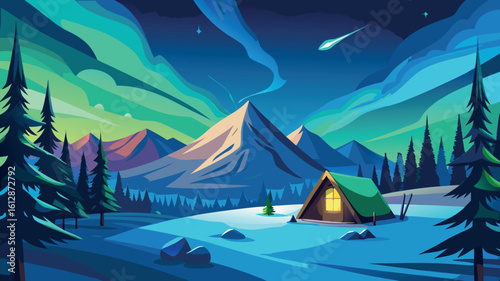 Colorful auroras dance over a tranquil mountain landscape with a cozy cabin under a shooting star