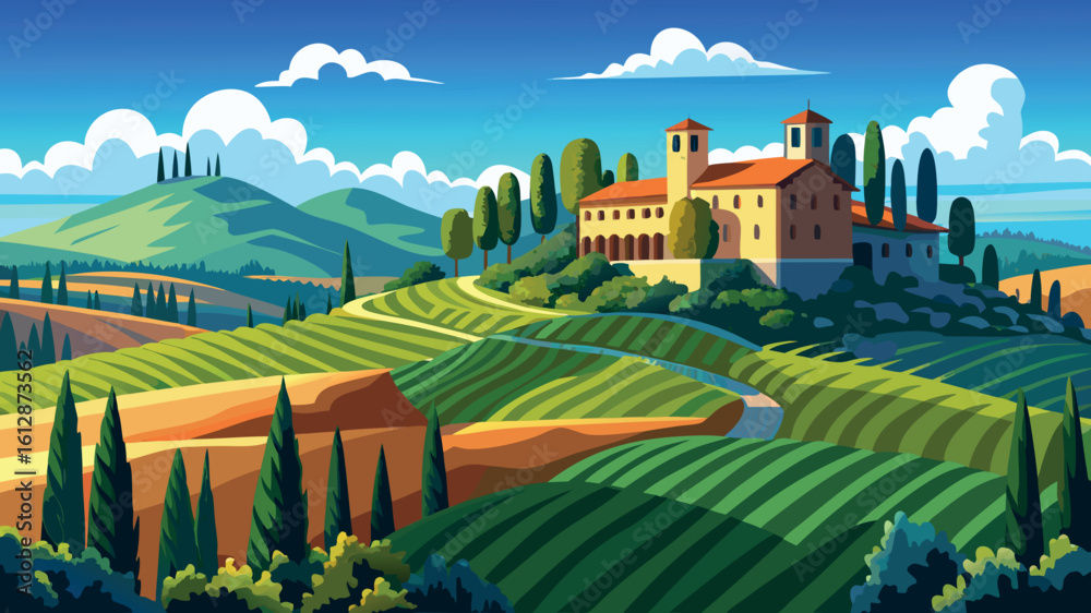 Naklejka premium Stunning countryside landscape with rolling hills, a historic villa, and vibrant green fields under a clear blue sky