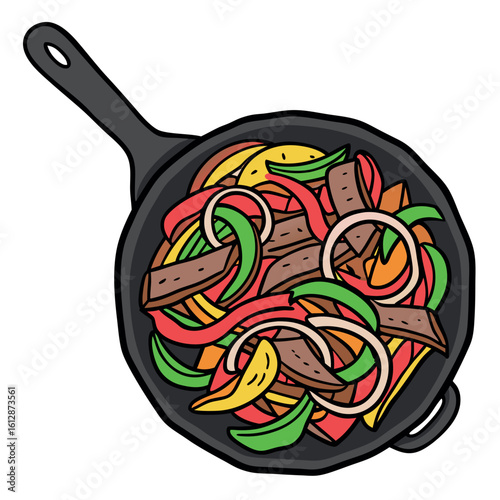 Cartoon depicts sliced meat, onions, and peppers served hot in black pan