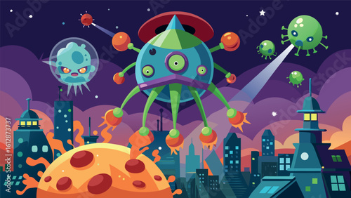 Colorful alien invasion with spaceships hovering over a vibrant city landscape at night