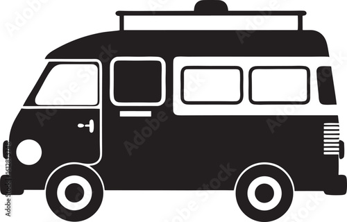 Black silhouette of a camper van with a roof rack isolated on white background