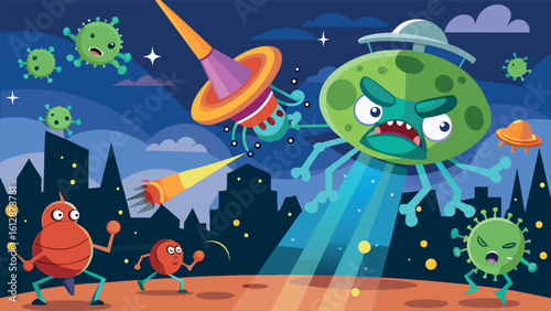 Space invaders engage in a colorful battle against germs under a night sky filled with stars