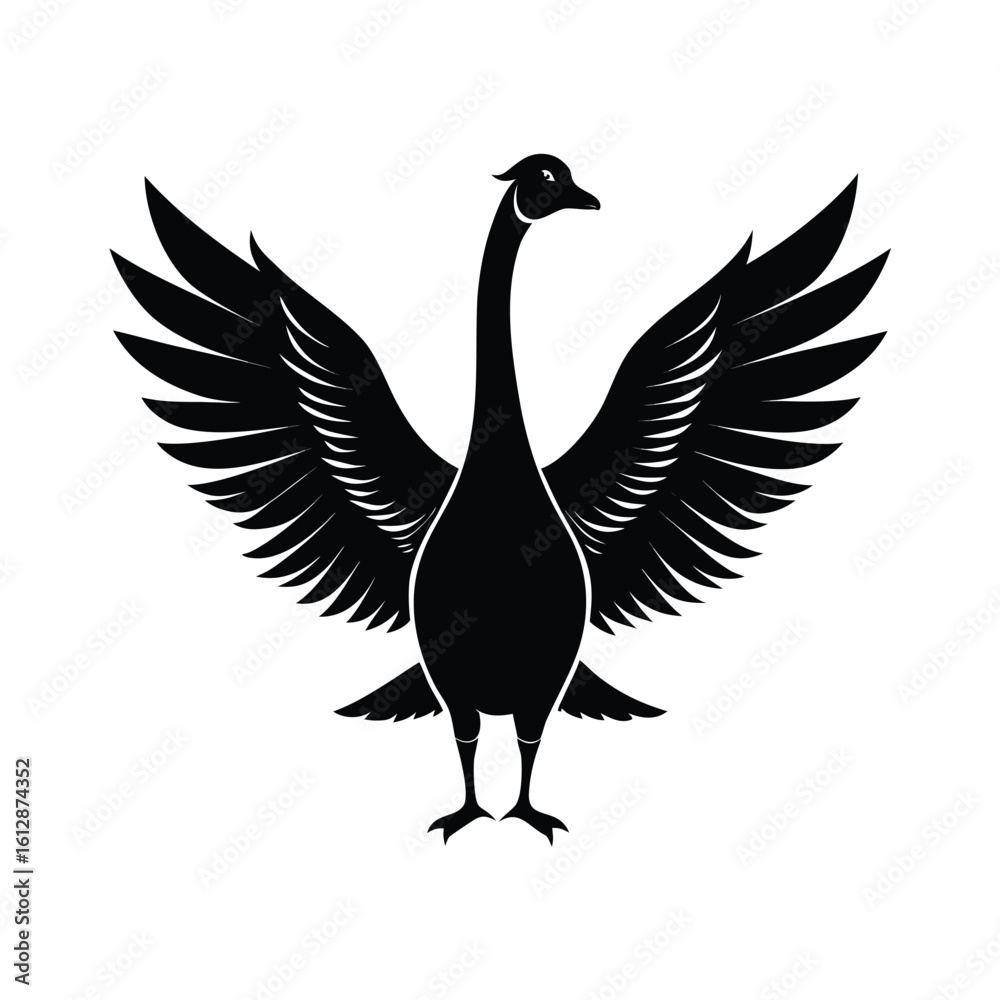 Obraz premium Elegant goose spreading wings silhouette for banners and advertisements on a white background