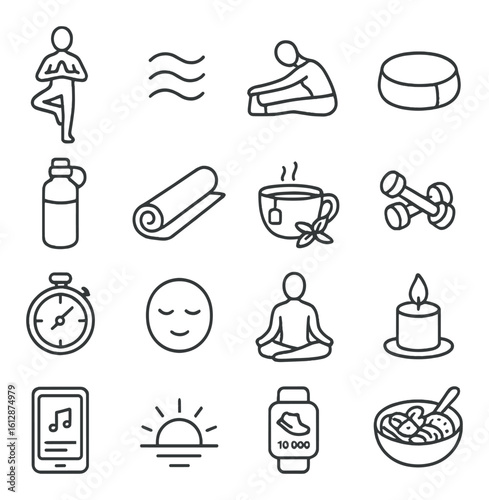 Minimalist wellness icons including yoga, meditation, stopwatch, tea, and candle
