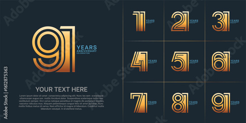 Anniversary set design with double line number. gold and blue color for celebration event