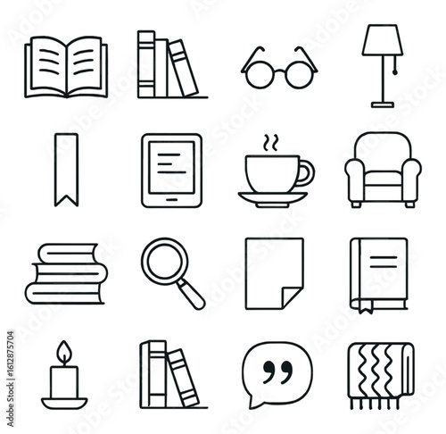 Library icons: books, lamp, glasses, coffee, magnifying glass, e-reader, bookmark