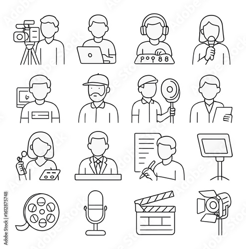 Outline icons of media and entertainment professions in a grid layout