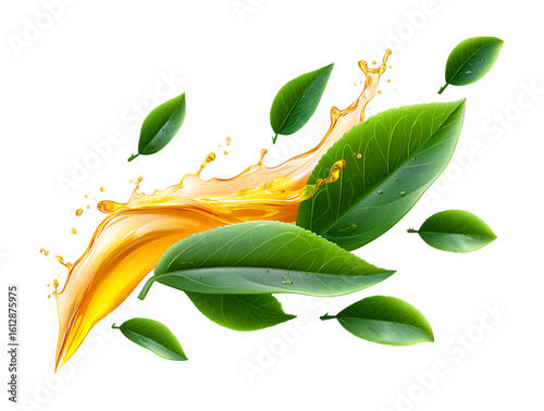 Green tea liquid wave curve fluid flow with leaf for tea advertising or promotion isolated on a transparent background