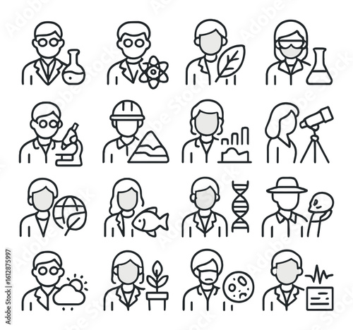 Diverse professions and sciences icon set featuring male and female characters