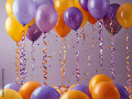 Purple orange balloons with streamers and confetti yellow