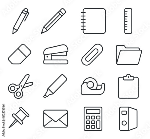 Set of office supply icons: pen, notebook, ruler, scissors, stapler, folder, tape, clipboard