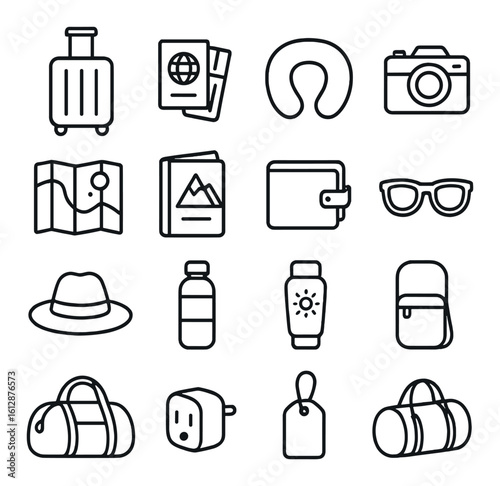 Travel essentials icons collection featuring luggage, passport, camera, and accessories