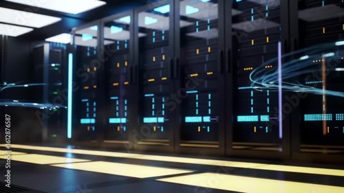 Dynamic Data Center Illuminated Server Racks and Abstract Light Trails Visualizing High-Speed Information Flow and Cloud Computing Infrastructure.