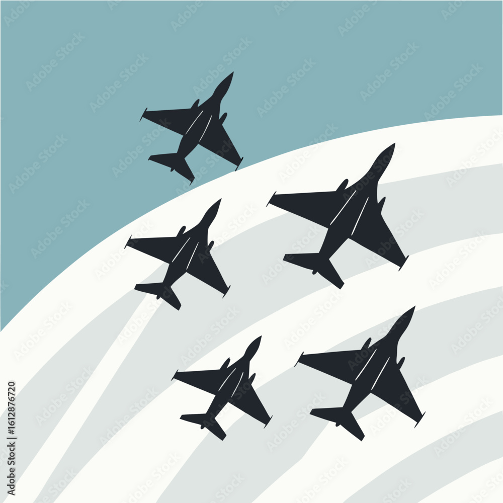Five fighter jets fly in formation across a pastel sky, is on white Five fighter jets fly in formation across a pastel sky, is on white