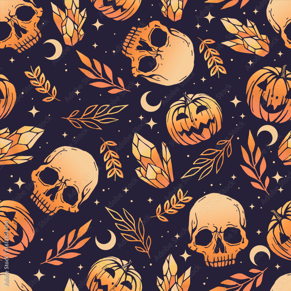 Fototapeta premium Halloween seamless pattern with magic elements: skulls, leaves, crystals, pumpkins, crescents and stars. Gradient colors. Vector design for wrapping papers and cards