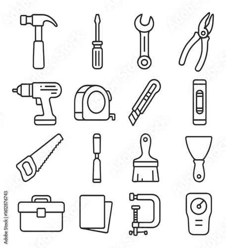 Minimalist tool icons featuring hammer, screwdriver, wrench, and more