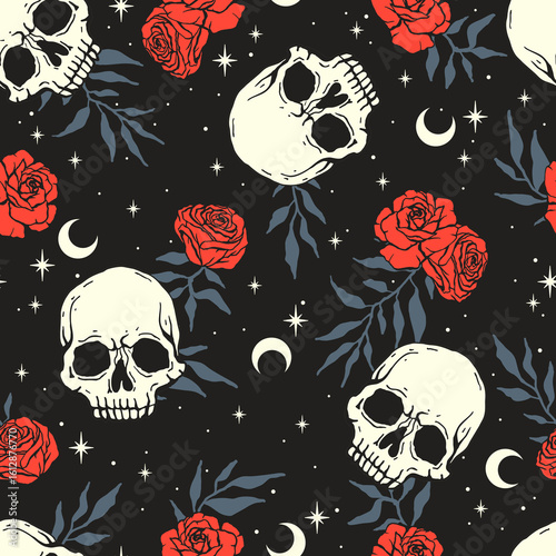 Vector seamless black pattern with roses and skulls. Gothic, rock vintage template.