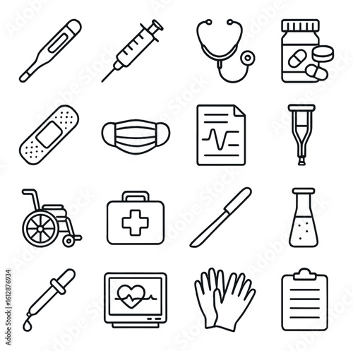 Medical tools and equipment icons set featuring crutches, thermometer, and more