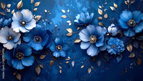 Blue and gold paper flowers arranged horizontally against a textured blue background