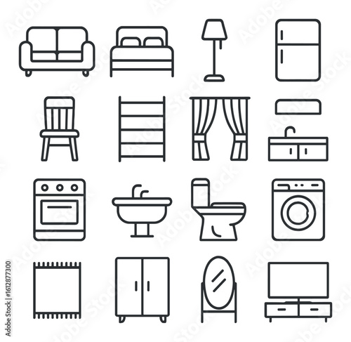 Minimalist home appliance and furniture icons set on gray background