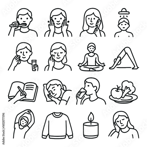 Wellness routine line art: skincare, yoga, nutrition, meditation, relaxation icons