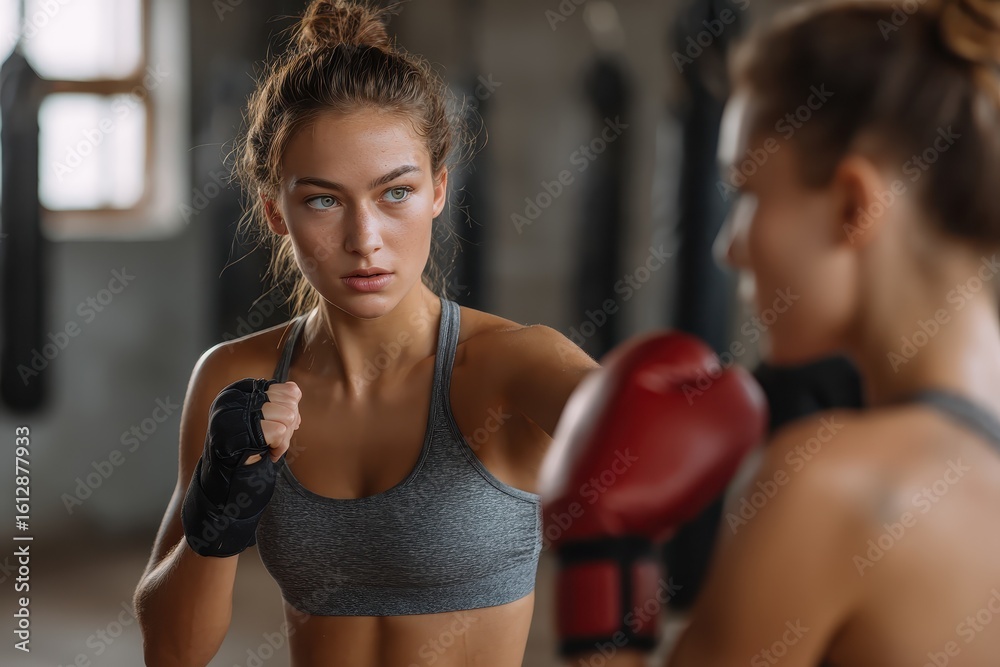 Fototapeta premium Energetic young women engaged in close-range kickboxing training at a gym during a morning session focusing on technique and strength