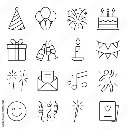 Festive party icons set: celebrations, balloons, cake, and candles