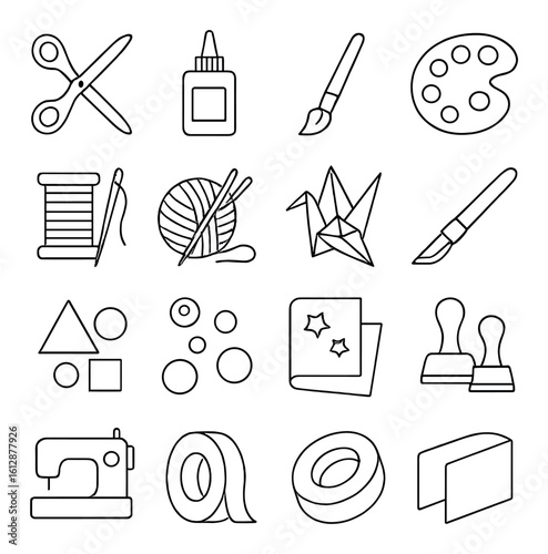 Craft tools and materials icon set with scissors, paintbrush, glue, origami