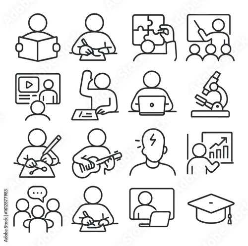 Educational icons representing diverse learning activities and tools