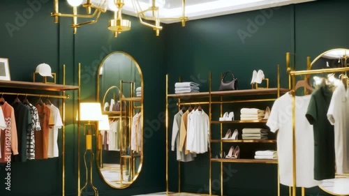 Elegant boutique interior with modern gold fixtures, green walls, and a curated collection of contemporary apparel