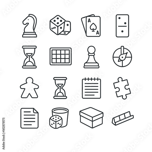 Board game icons: chess, dice, cards, domino, hourglass, compass, puzzle, notepad